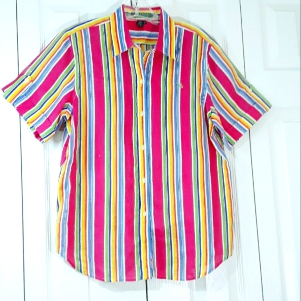 Lauren Ralph Lauren 100% Linen Multicolor Striped Short Sleeve Shirt Me…